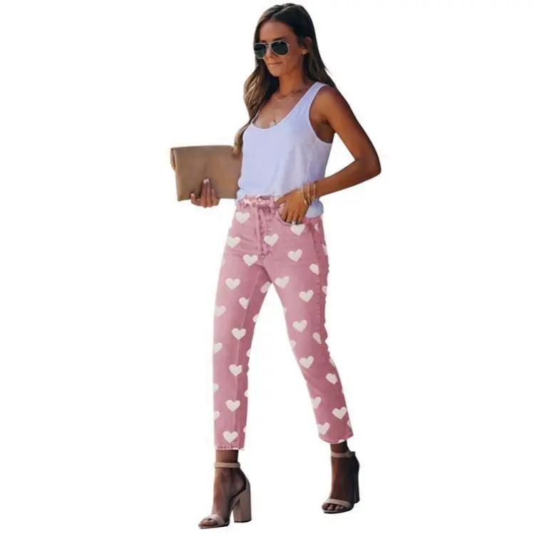 

MISS Best Design Trendy Denim Pants Summer Casual Straight Heart Printed Pink Cute Women Trouser Jeans