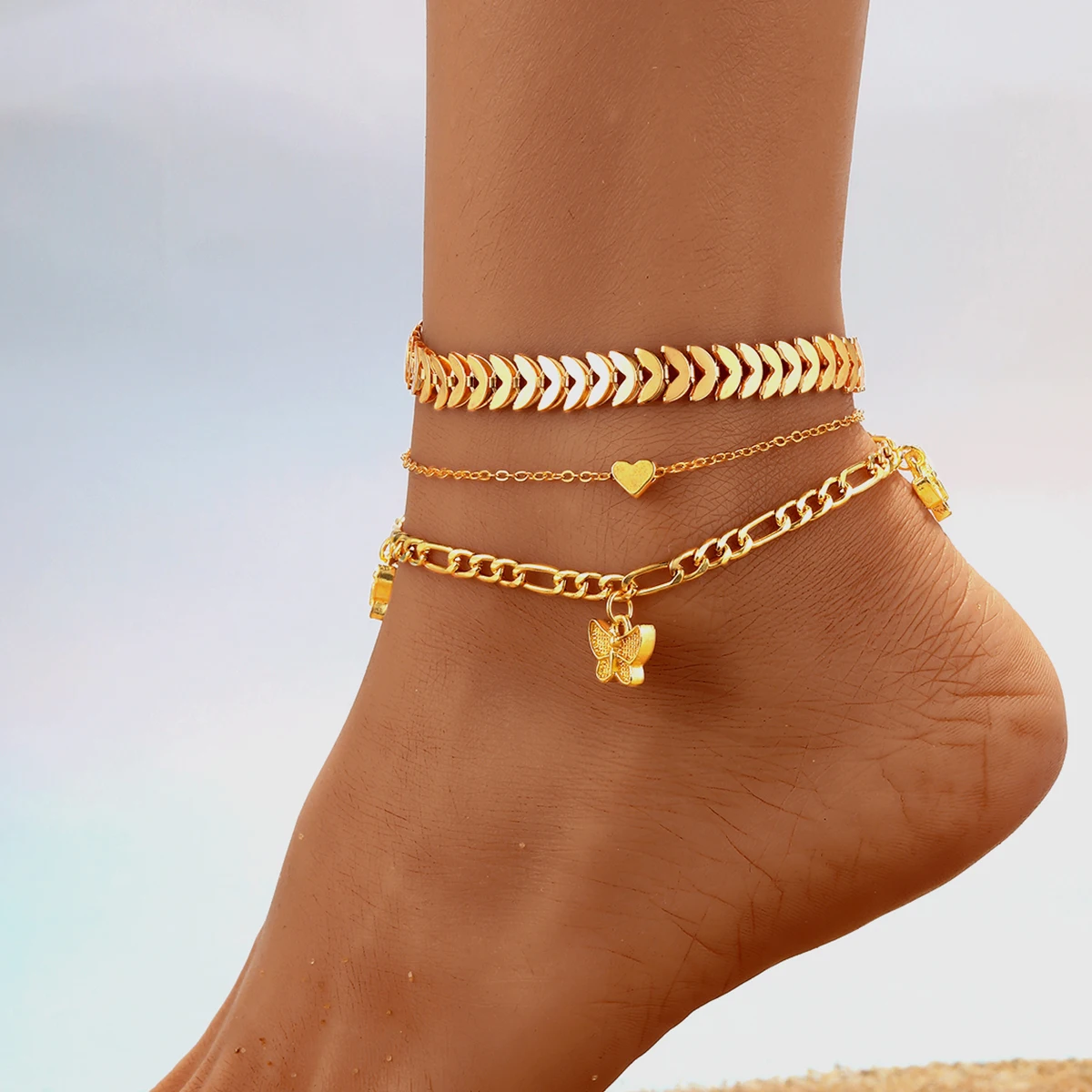 

Fashion Gold Plated Summer Beach Anklets Cross Heart Snake Chain Butterfly Multilayer Ankle Bracelet for Women