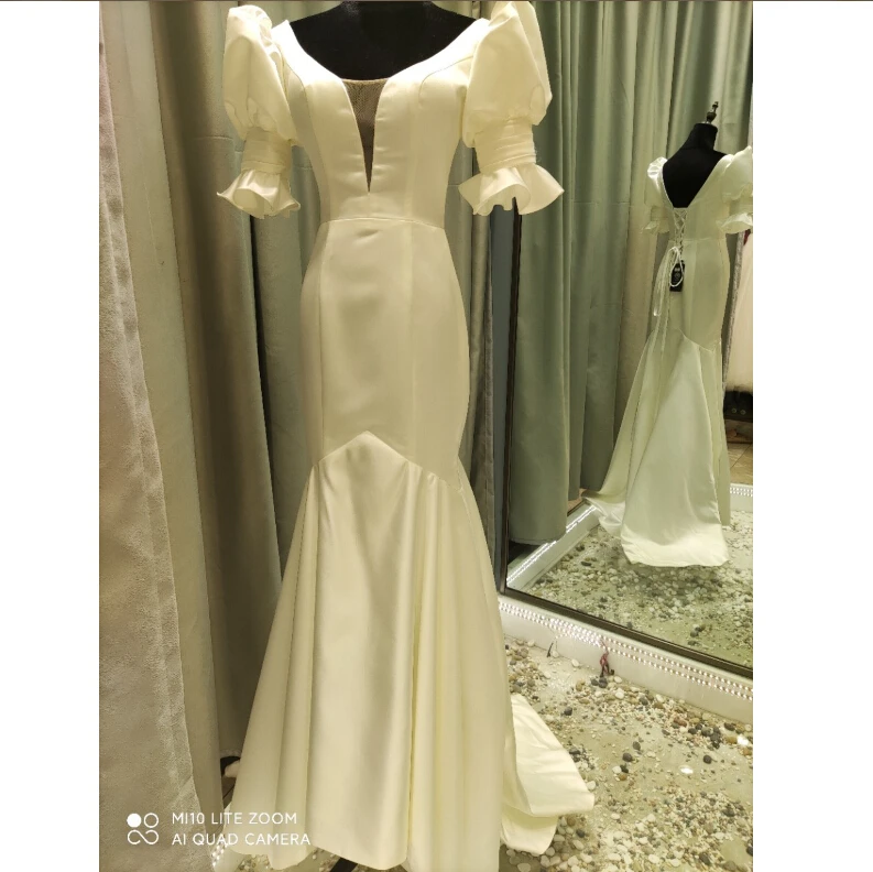 

2021Latest Boho Full Puffy Sleeves Satin Beach Wedding Party Gowns Princess Vintage Mermaid Wedding Dresses, Ivory bridal wedding dress