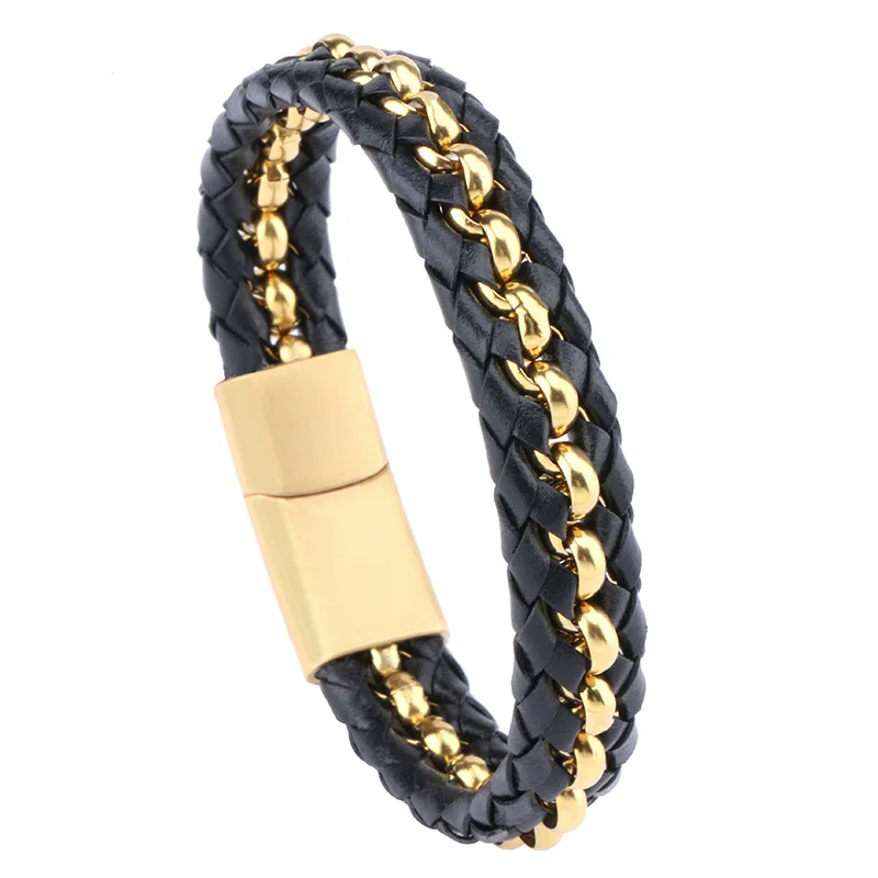 

Dr. Jewelry Punk Black Gold Pearl Beads Stainless Steel Magnetic Buckle Leather Braided Bracelet for Best Father's Day Gift, See picture