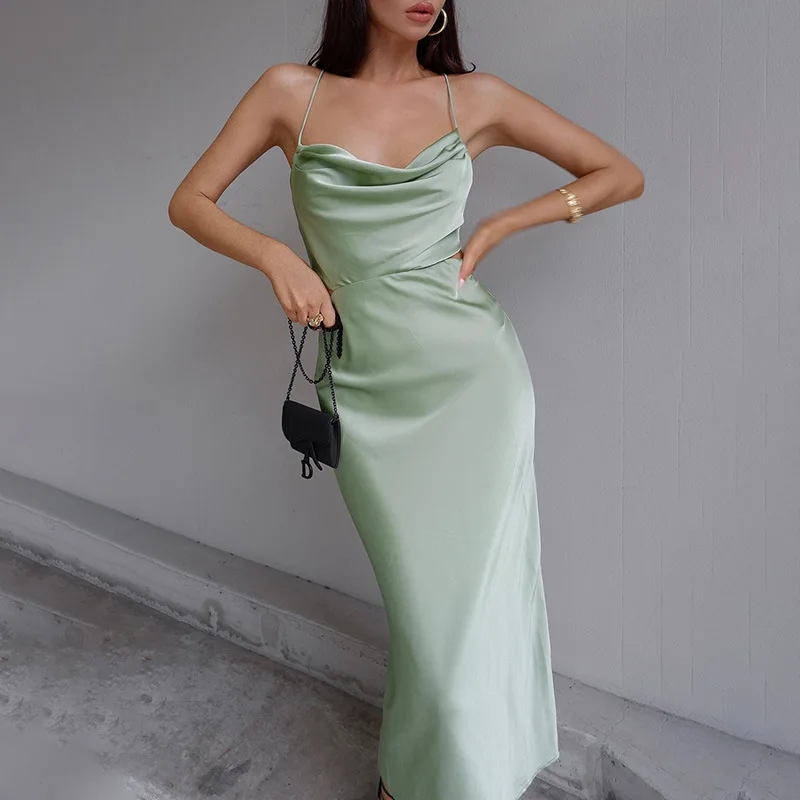

Ladies Elegant Suspender Backless Lace Up Satin Dress Women's Maxi Party Dresses