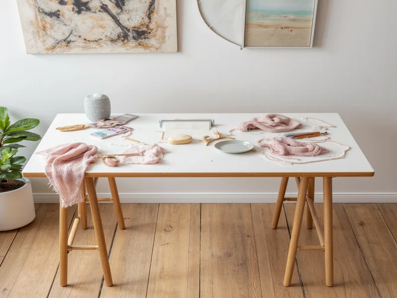 Folding craft table setup with knitting supplies