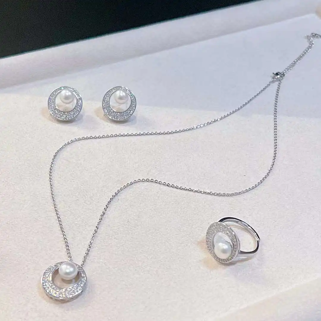 Mother's Day New Recommendation AAAAA Grade Trendy Silver Plated Brass Circle Set 7-8mm Natural Freshwater Pearl Necklace Ring
