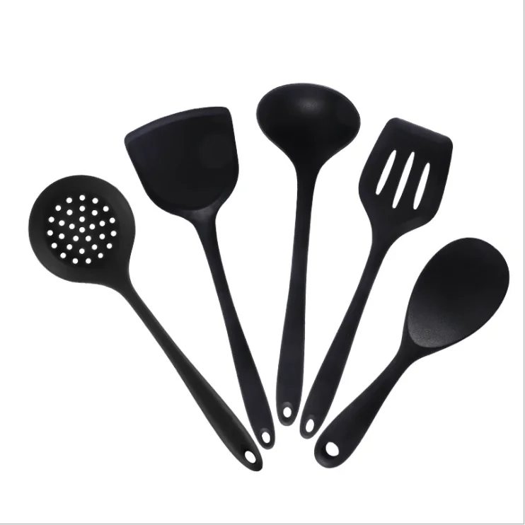 

Color Box Packing 5 Pcs Set Black Food Grade Silicone Kitchenware Set Home Kitchen Cooking Tools, Customized color