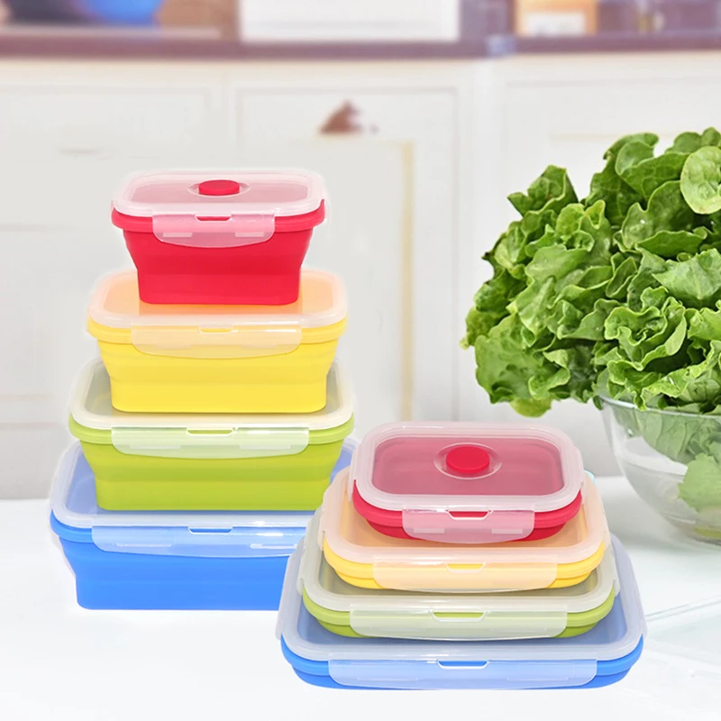 

silicone foldable lunch box reusable food storage container BPA free, Red/yellow/green/blue