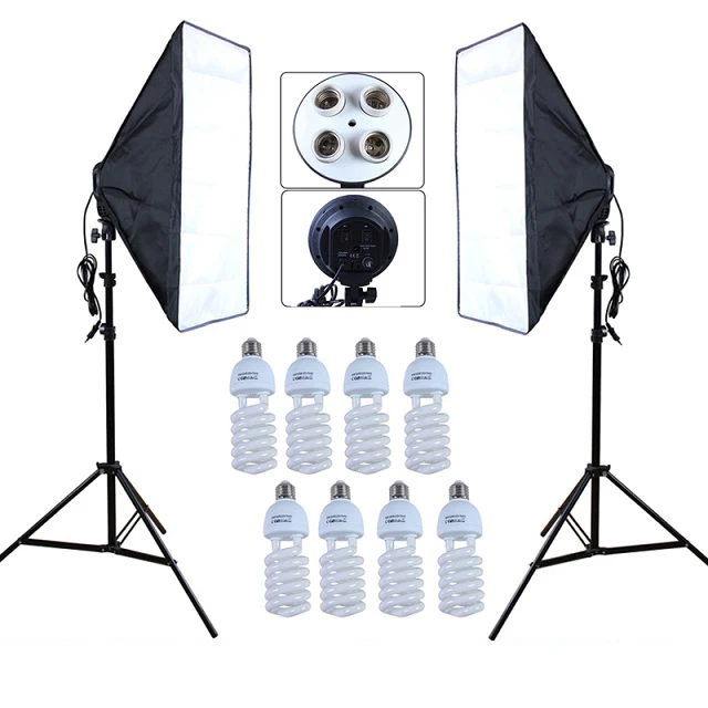 

Photo Studio Softbox Kit Photography Lighting 4-lamp-holder 50*70 Soft box 2M Light Stand Tripod with 8pcs 45W Bulbs