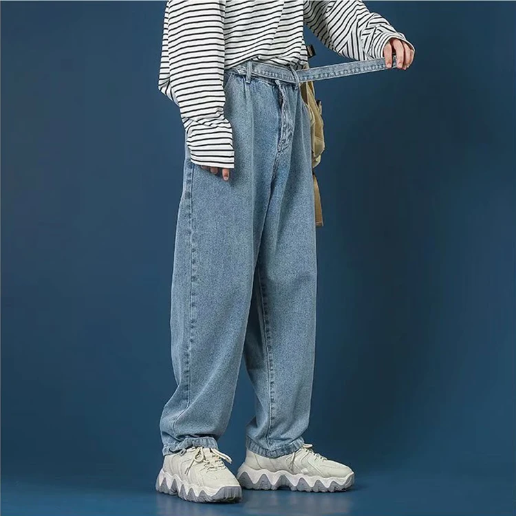 

new Japanese style of 2020 is casual straight leg slacks jeans for men with streamers and straps, Black,dark grey,white,yellow