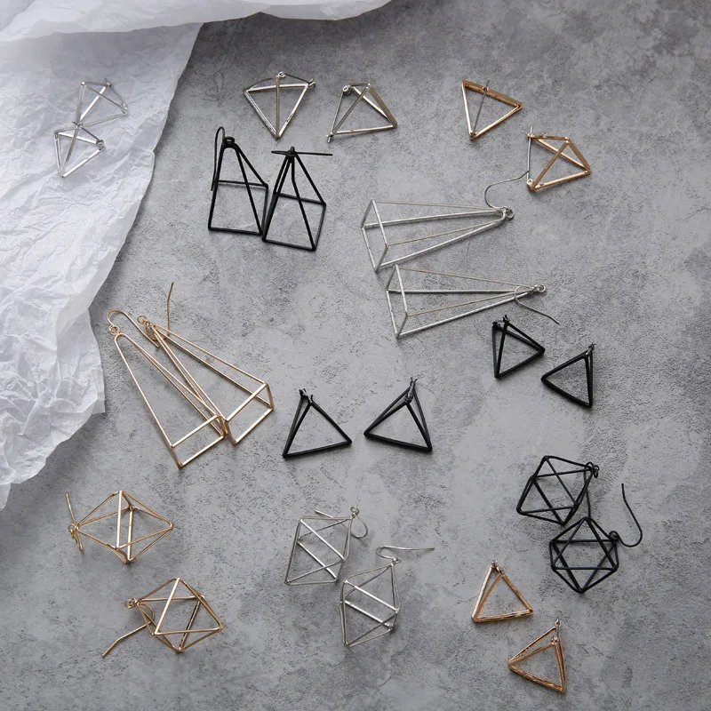 

Europe and America Minimalist Punk Set for Women Geometric 3D Triangle Hollow Polygon Earrings Brincos Party Jewelry JH