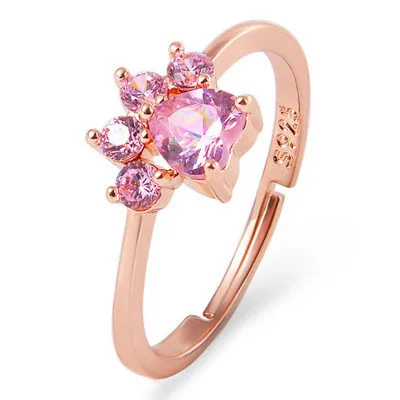 

Cute Bear Paw Cat Claw Opening Adjustable Ring Gold Color Rings for Women Romantic Wedding Pink Crystal Love Gifts Jewelry