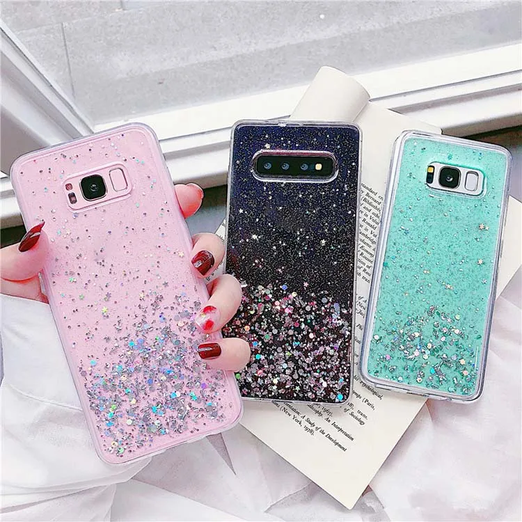 

High Quality Waterproof Hard Material Glue Glitter With Dustproof Plug Phone Back Case Cover For Huawei Y7 2019