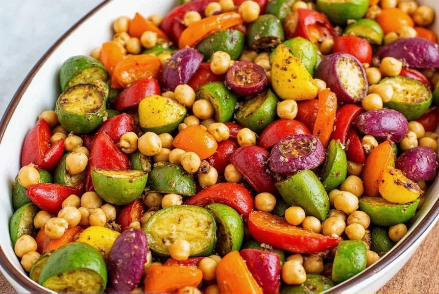Colorful Mediterranean dish featuring cumin-spiced roasted vegetables and chickpeas