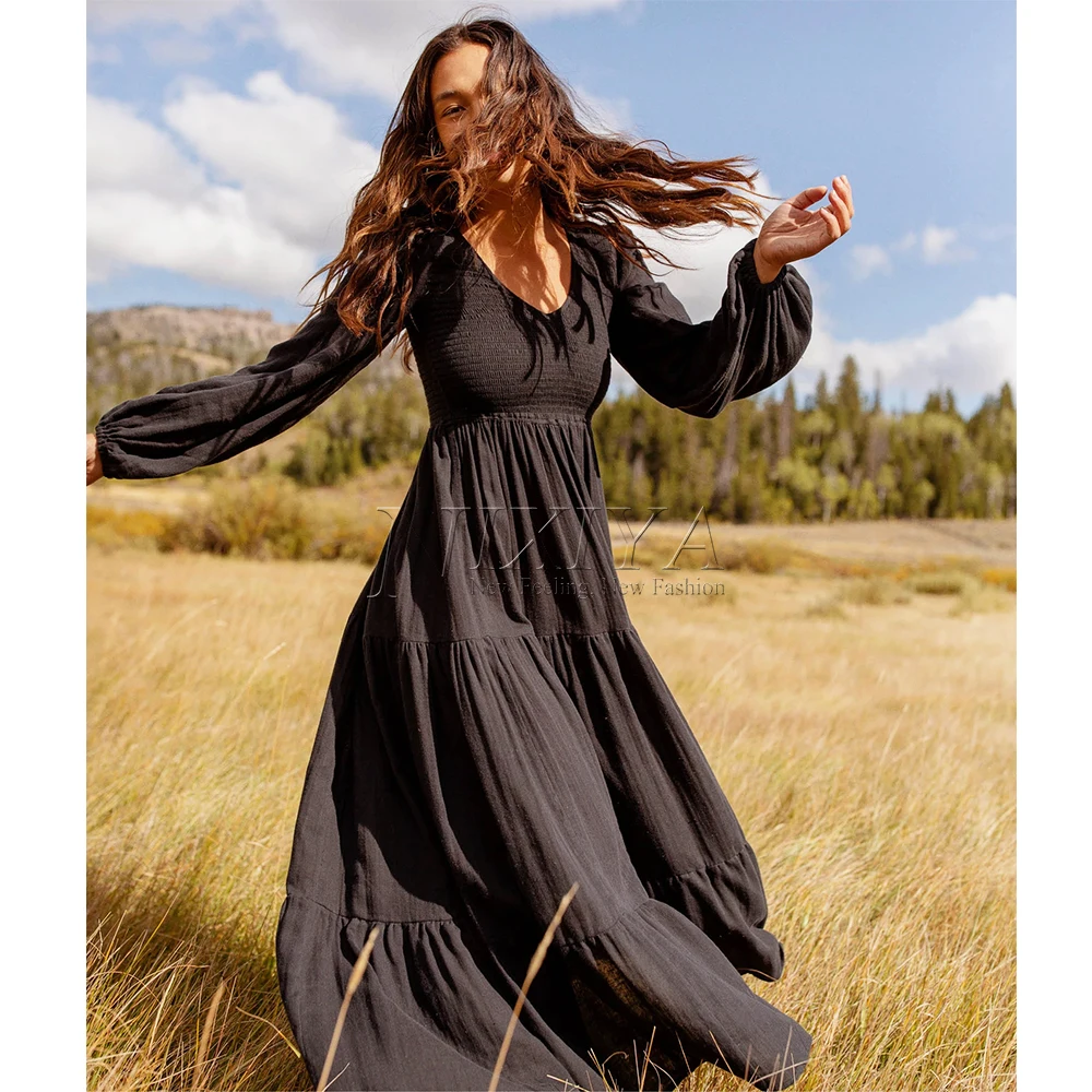 

Korean Women Casual Dress Solid Maxi Dress Ladies Cotton Long Dress, Black