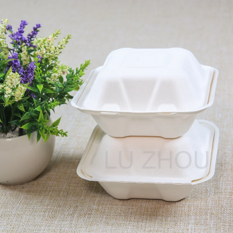 

Customized hot selling biodegradable 6 inch sugarcane bagasse pulp hinged burger boxes, Natural color/bleached