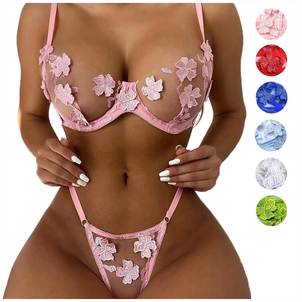 

Woman Sexy Lingerie Erotic Colorful Embroidery Set Appliques Design Sheer Underwear Sexy Girls Brief Bra Panties Lingerie Set, Customized