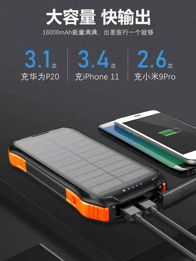 16000 Mah input fast charging solar mobile power supply waterproof wireless charging treasure solar charger mobile power supply - ANKUX.COM