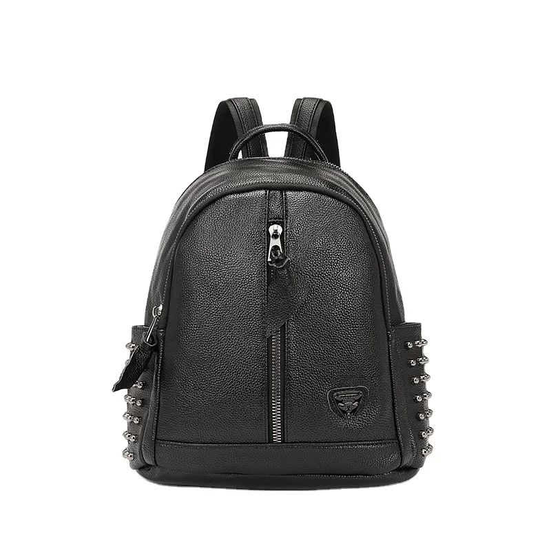 

Cowhide leather black waterproof laptop backpacks travel rivet school bags for women