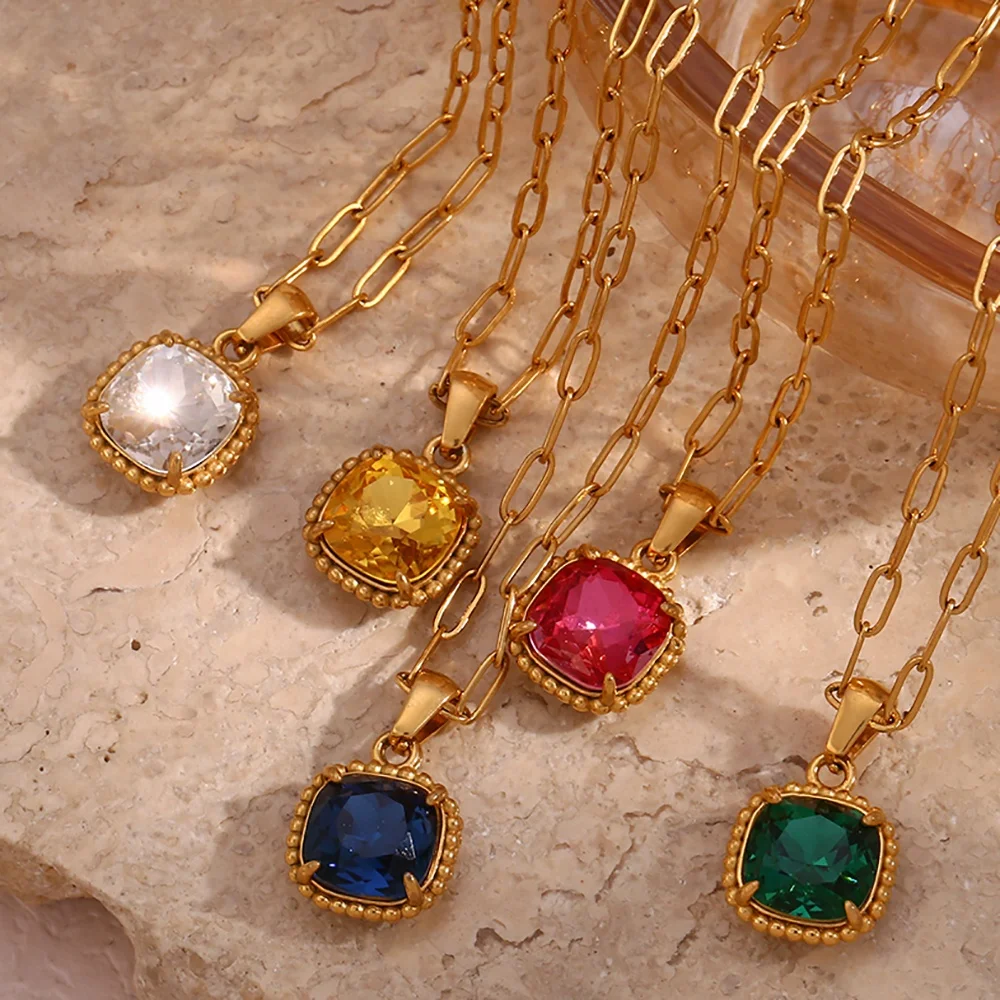 

18K Gold Plated Colorful Gemstone Zircon Necklace Stainless Steel Jewelry Paper Clip Chain Pendant Necklace For Women