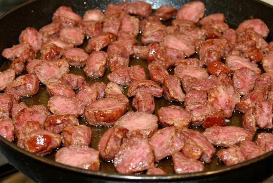 Beef strips searing in a hot skillet