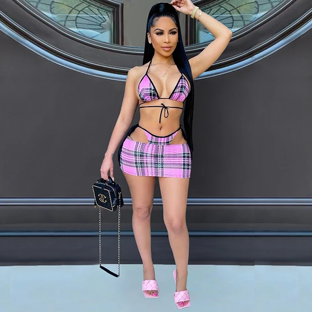 

2021 Swimwear Woman Trendy Sexy Plaid Tie-Wrap Three Piece Pink Bikini High Quailty Swimsuits -ZR