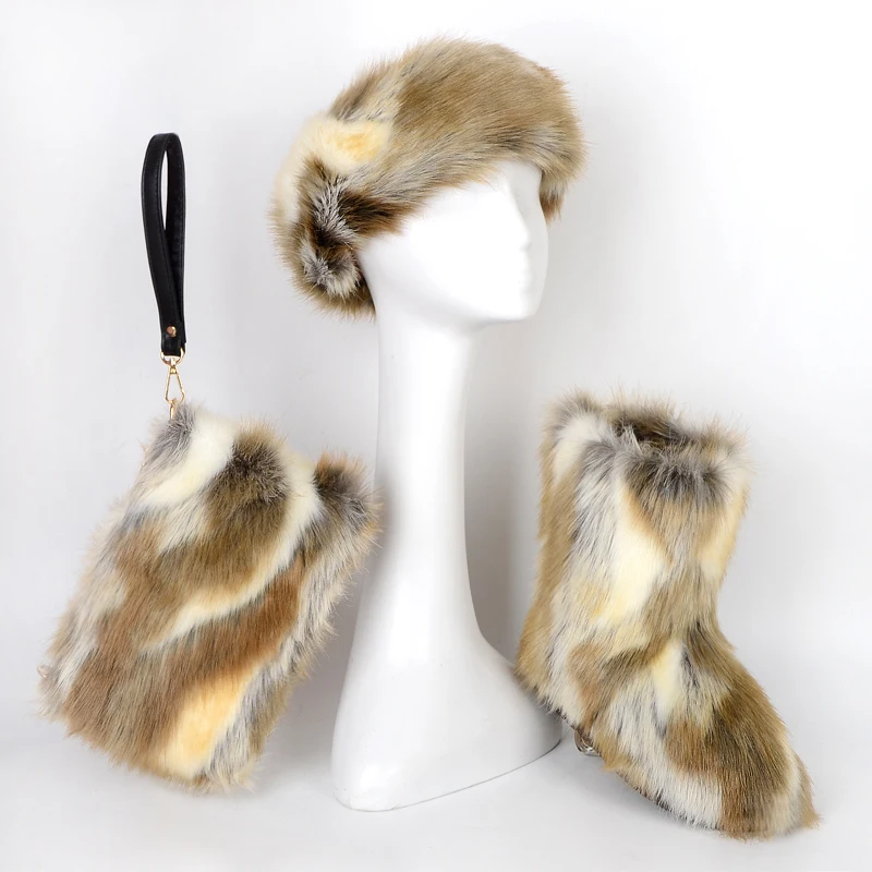 

wholesale fur slippers and bag set fur bags women handbags fur boots with headband and bag, Colors can be customized as your requirement