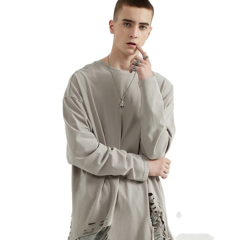 

Hand-cut Hole Bottoming Shirt Autumn Men's Funeral Dark Wind High Street Long-sleeved T-shirt