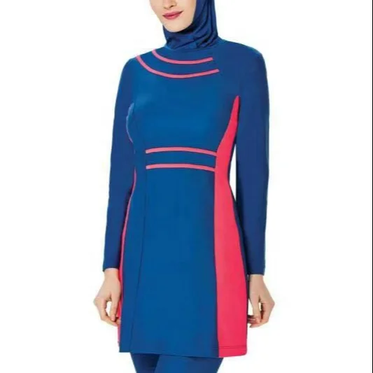 

MOTIVE FORCE modest swimwear longsleeve swimweaColor Block Srips New Fashion iIlamic Swimwear for Girls Maillot De Bain Muslim, Dark blue + red