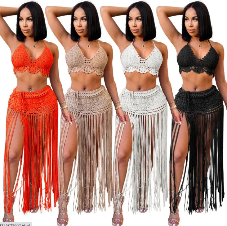 

GX102 2021Crochet Hand Knitted Two Piece Bikini Sets Summer Swimsuit for Women Halter Neck Bra Top Tassel Maxi Skirt Beach, Picture