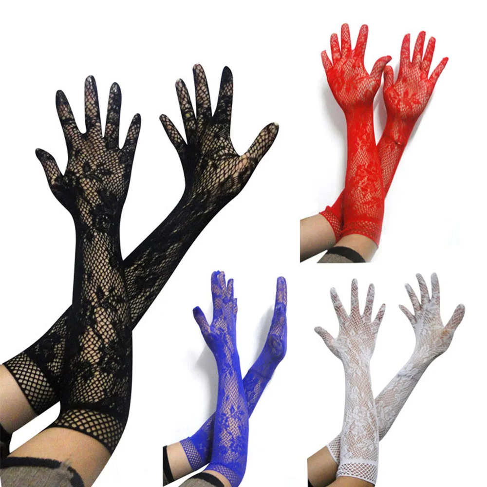 

55049 Sexy Transparent Fashion Diamond Elastic Bridal Etiquette Rhinestone Welding Colored Long Sleeve Lace Gloves, Black, white, red