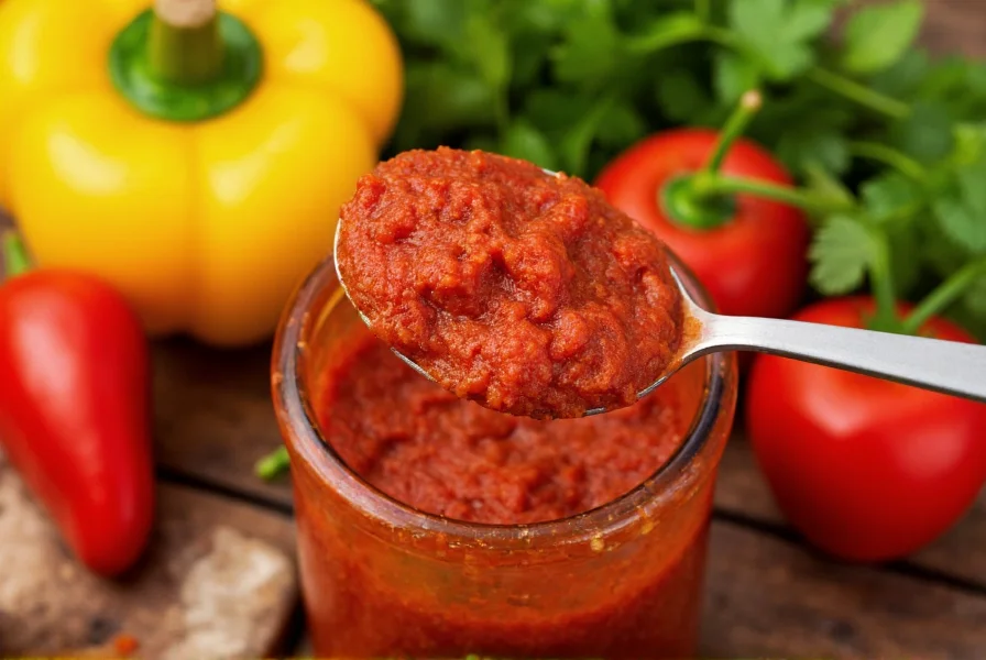 Close-up of hot pepper paste being scooped from jar into measuring spoon with fresh ingredients in background