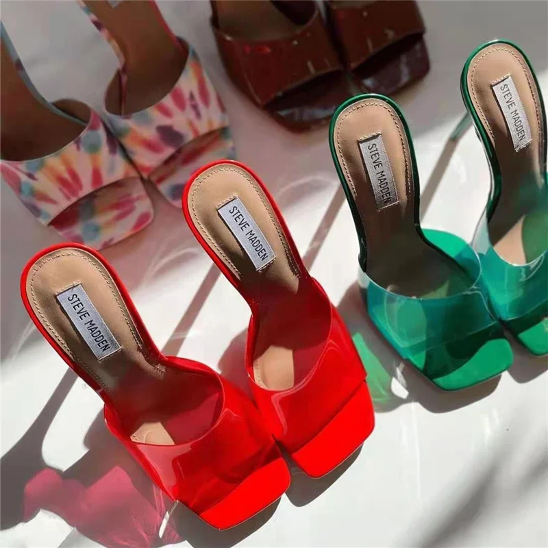 

2021 Summer New Style Square Head Flat Sexy Transparent High Heels Sandals Women's Large Size Candy Color Slippers, 4 colors