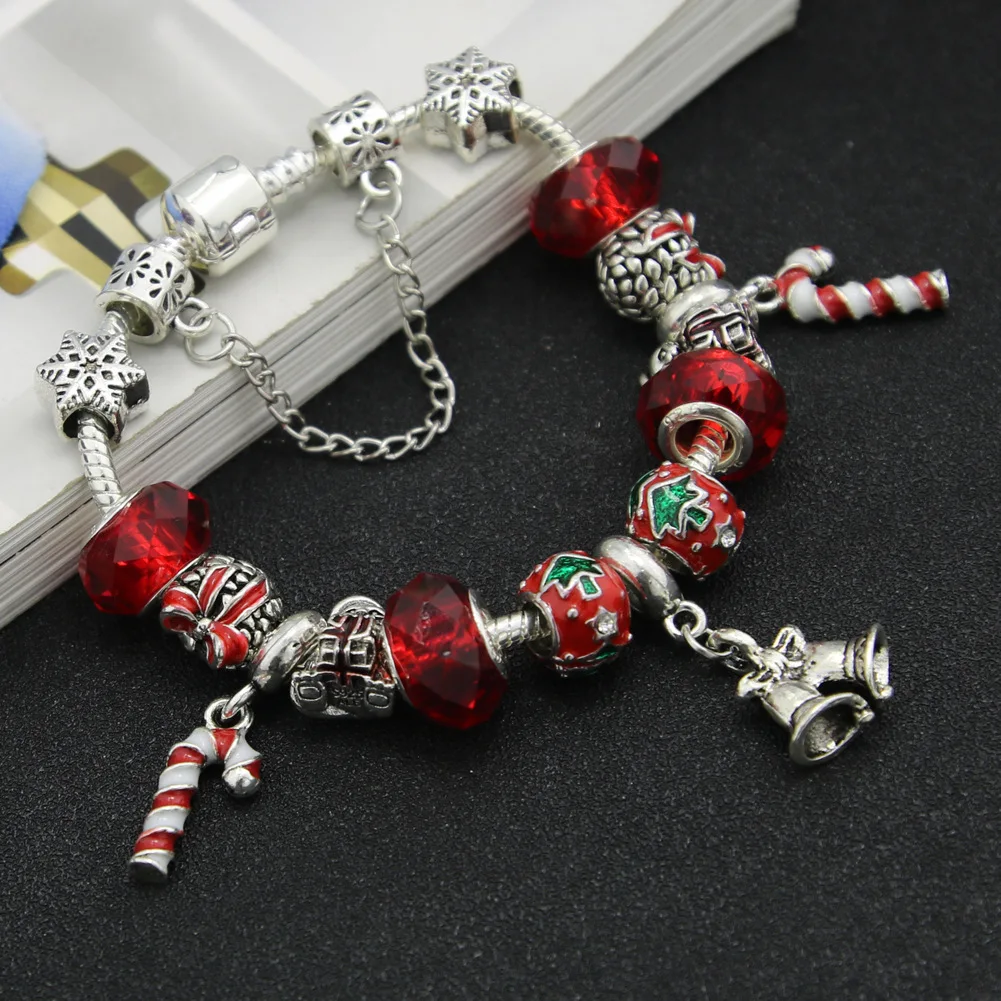 

New Arrival Christmas Jewelry Gifts Red Glass Bead Snowman Christmas Crutch Bell Charm Bracelet Lucky Christmas Bracelet