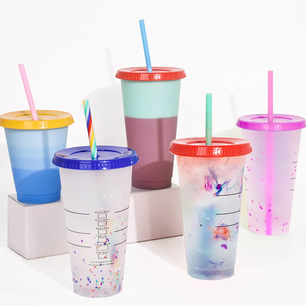 

Amazon hot selling custom plastic marble swirl cold color changing cup 16oz/24oz confetti for party with lid and straw