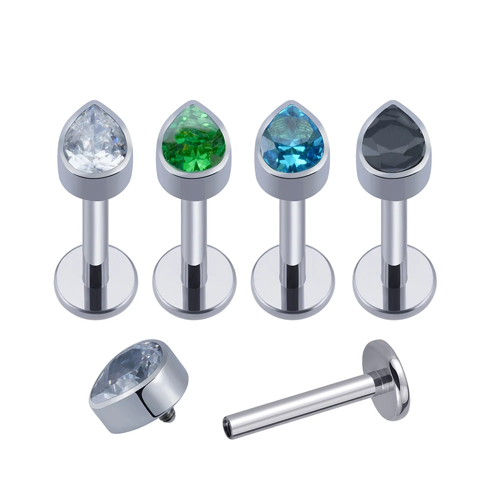 

New Tiny Teardrop CZ Internally Threaded Water Drop Jewelry Lip Stud Labret Piercing Titanium