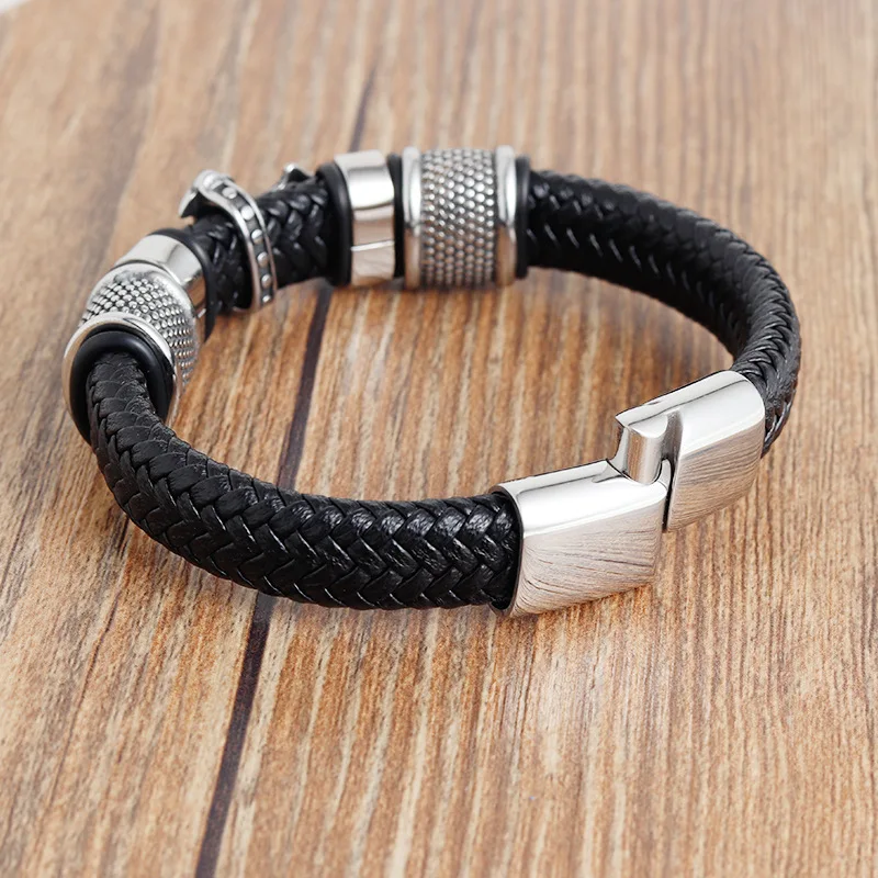 

Amazon Best Selling Multilayer Cross Magnetic Clasp Leather Bracelet Handmade Braided Leather Bracelet for Men
