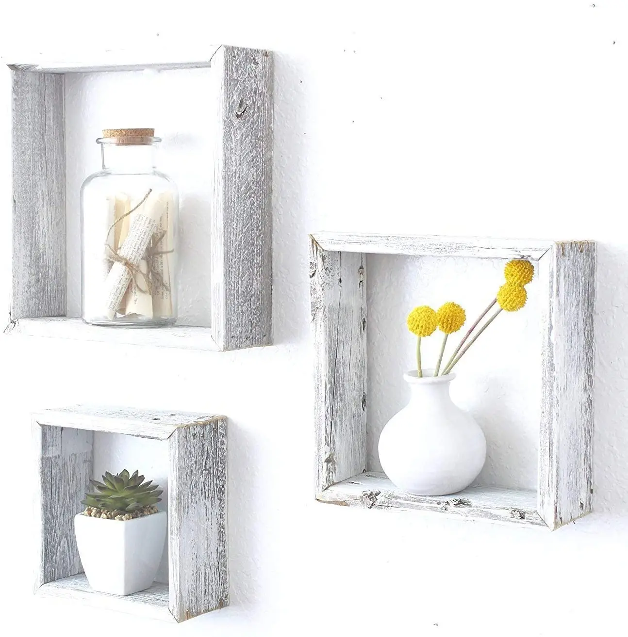 

Whitewash Rustic ShelvesSquare Floating Wood ShadowboxHome Decor, Customized