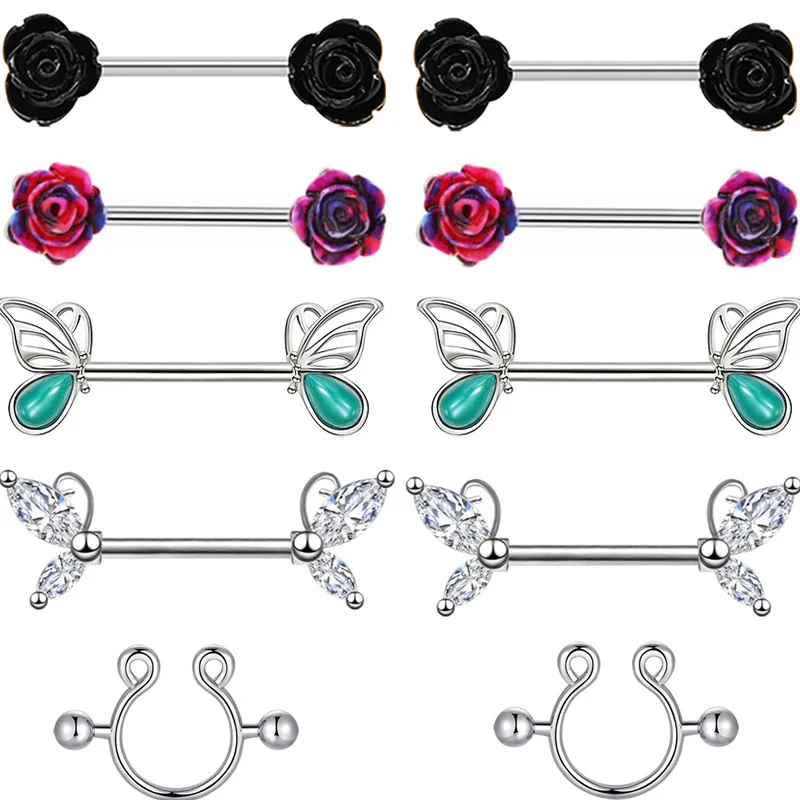 

NUORO 14G Stainless Steel CZ Wing Flower Nipple Piercing Jewelry With Women Man Crystal Barbell Nipple Rings