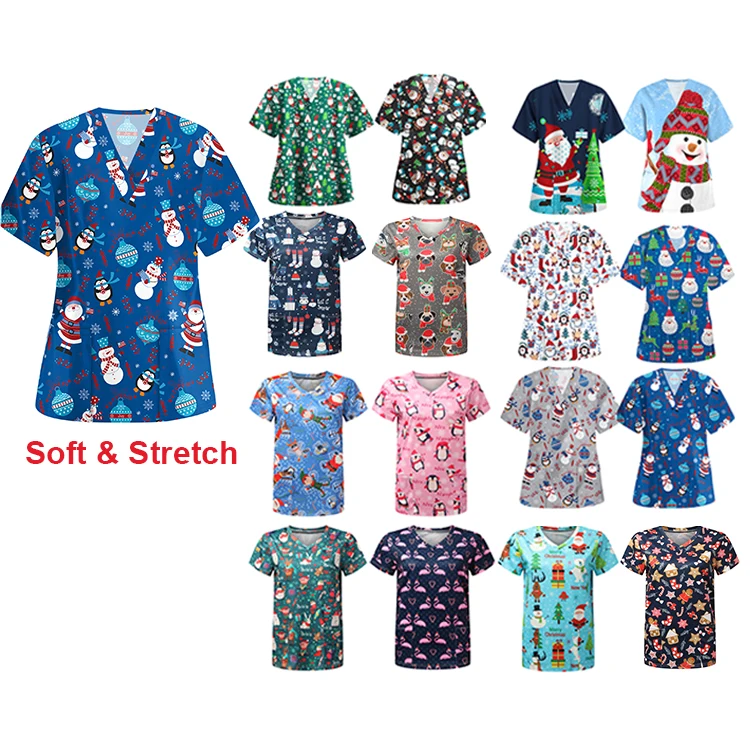 

Holiday pet hospital custom womens medical uniform cotton female scrub tops zip up yellow christmas scrubs tops, Customized