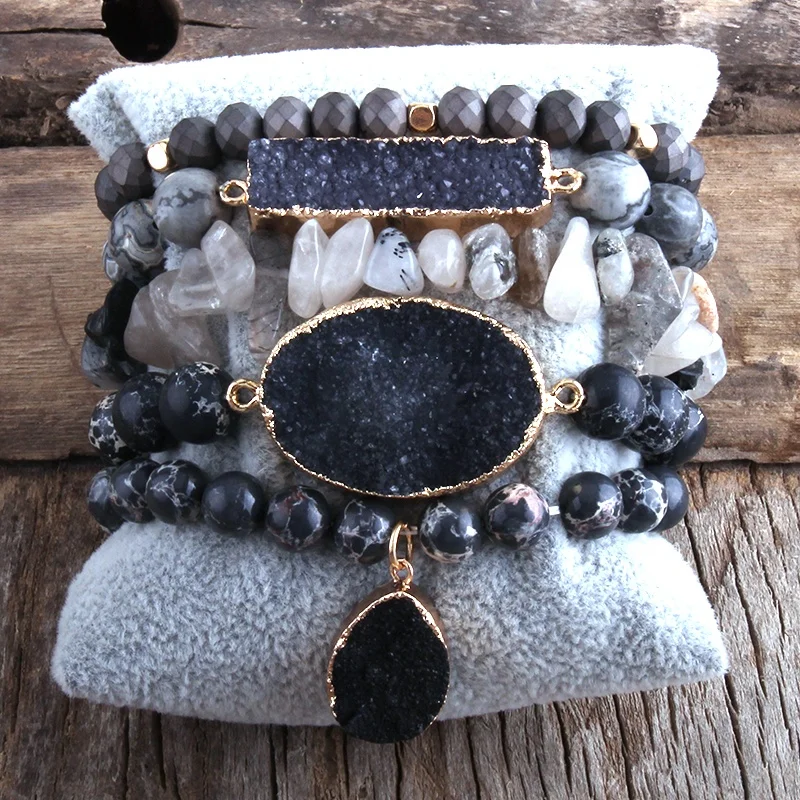 

Fashion Designer Boho Druzy Stones Beaded Bracelet Natural Stone Druzy Charms 5pc Bracelets Sets For Women Gift