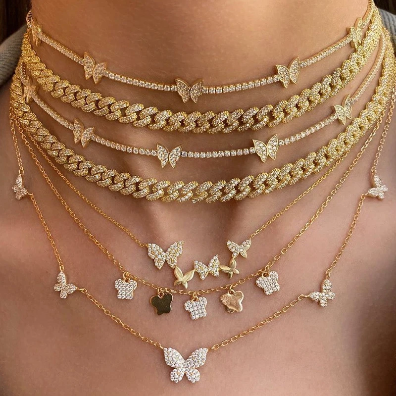 

2022 New Arrivals High Quality Wholesale Tarnish Free 18K Gold Plated Crystal Cz Butterfly Tennis Choker Jewelry Charm Necklace