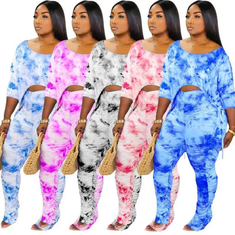 

fashion tie dye crop top hip lifting slim fold flared pants outfits female fall two piece set women clothing