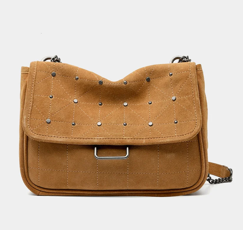 

Autumn/winter 2021 New Retro Stray Bag Rivet Small Square Bag Brown Suede Cowhide Shoulder Cross-body Bag YGC-452