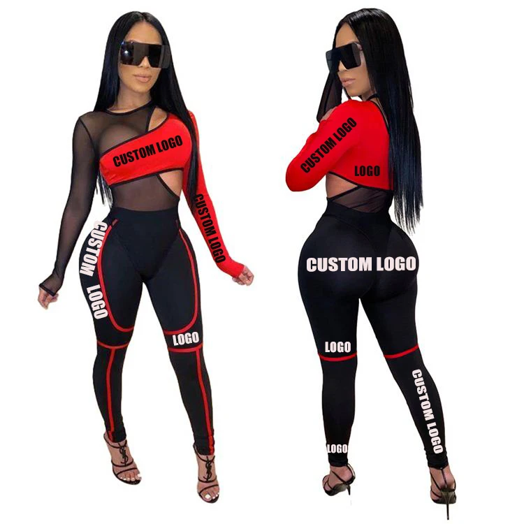 

12AF189 wholesale sexy long sleeve mesh splice skintight perspective Sweat Suits High Fashion 2021 women clothing