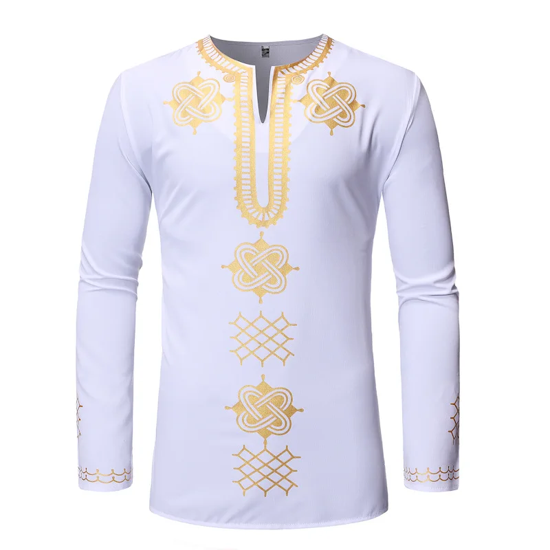 

Men's Eurocode African Hot Gold Print Shirt Jacket Long Sleeve Men's Shirt