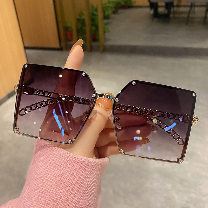 2022 Women's square big frame travel glasses big face personality hollow sunglasses Frameless Trendy Net Red Sunglasses