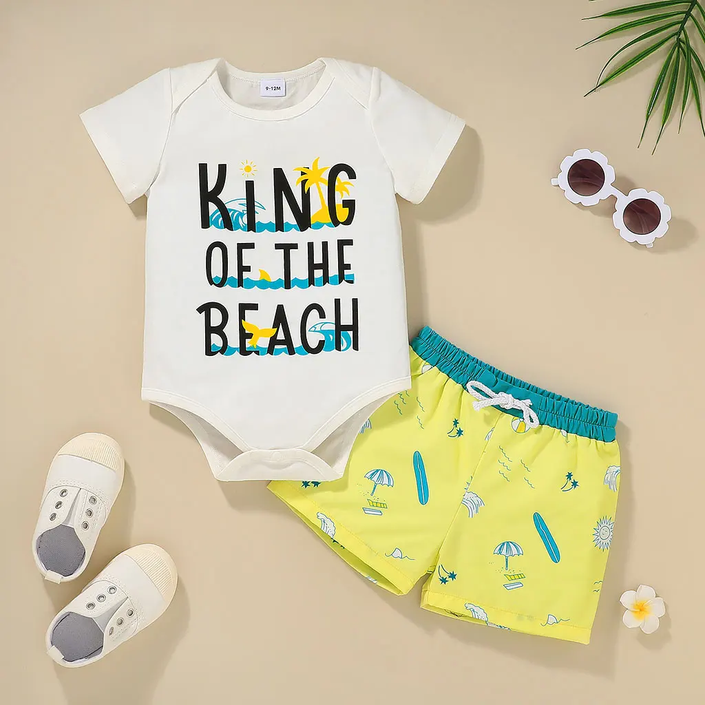 

RTS Letter Printed Worsted Short Sleeve Cotton Rompers Light Color Matching Pants Fashion Summer Baby Boy 2pcs Clothing Set