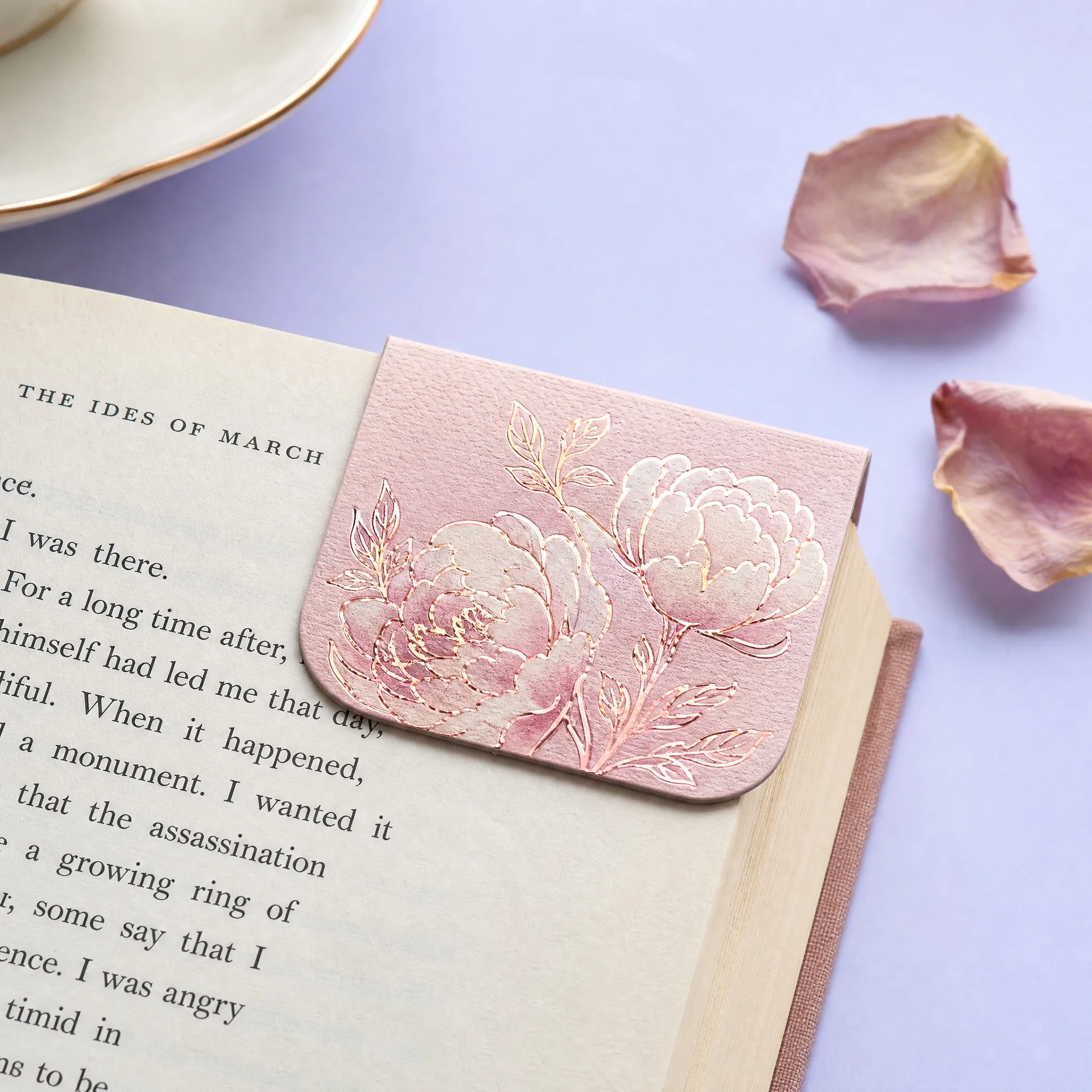 Custom Blush Pink Linen Textured Magnetic Foldover Bookmark with Rose Gold Stamped Peonies