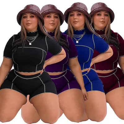 

Plus Size Clothing 2 Piece Set Women Bodycon Super Stretchy Elastic Waist Crop Top and Shorts Sets Casual Wholesale Dropshipping