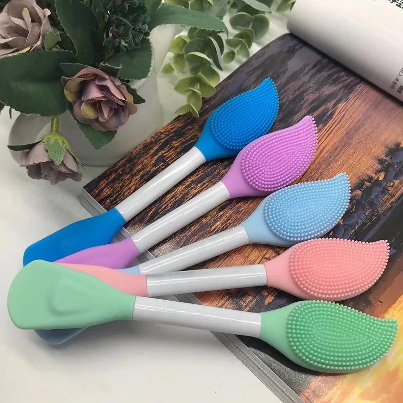 

OEM double side silicone facial cleansing mask brush replaceable silicone head facial mask stick, Pink/green/blue