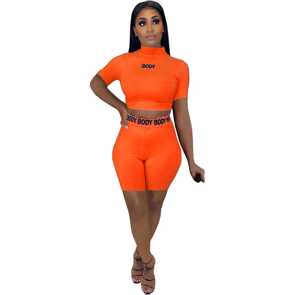 

2021 Sexy Solid Plain Bodycon Workout Sports Short Sleeve Biker Sets Tracksuit Short Jogger Women Two Piece Pants Set, Picture