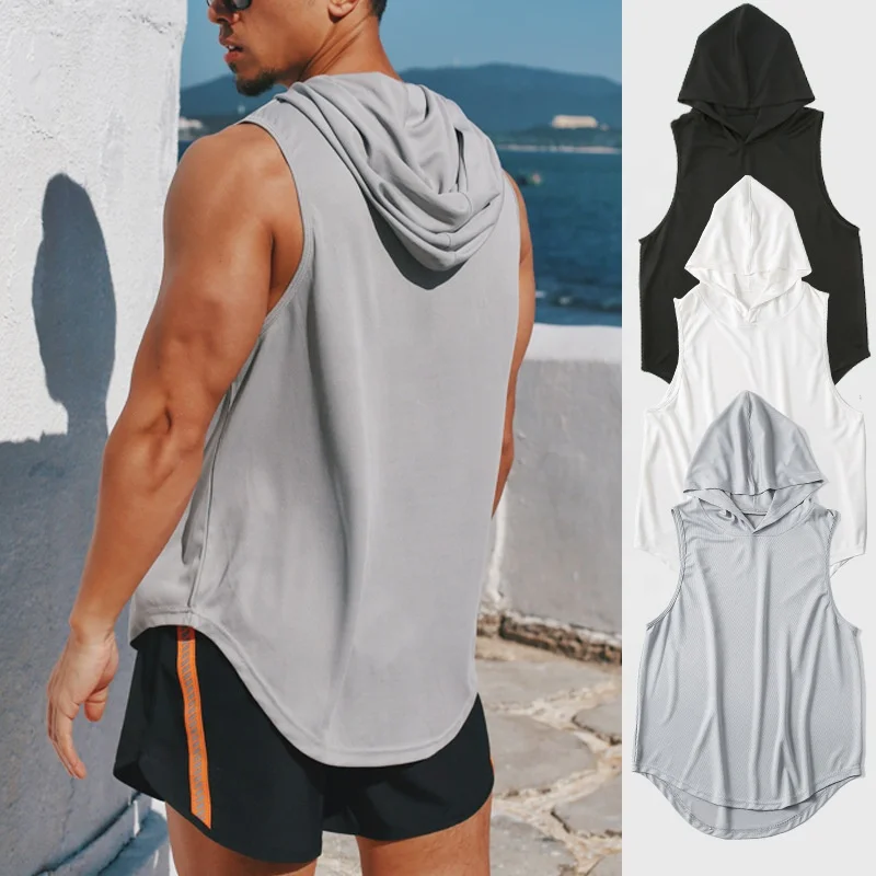 Custom Men's Hoodie Curved Hem Gym Tee Top Sleeveless Fitness Vest Muscle Gym shirt Sports Running Workout Hoodie Gym Tank Top